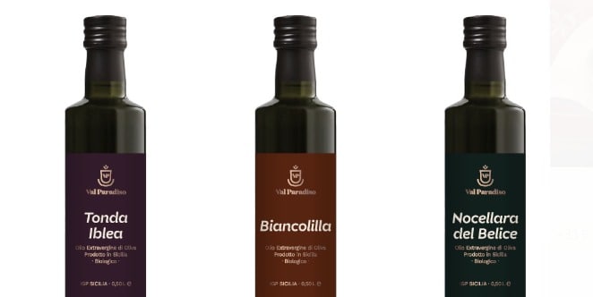 Val Paradiso, bottiglie di Tonda Iblea, Biancolilla e Nocellara del Belice